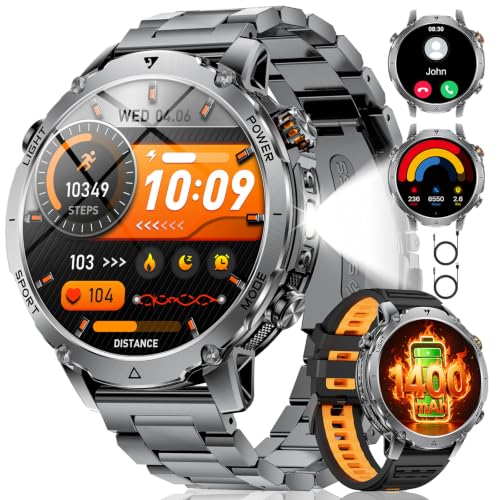 LIGE Reloj Inteligente Hombre 1400mAh Larga Duración, 1.7" Smartwatch Militar con Linterna LED, Llamadas Bluetooth, 120+ Deportes, 5ATM Impermeable, Frecuencia Cardíaca,Android iOS,2 Cargadores,EF26-C
