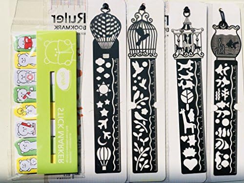 EDOU Set of 4 Bookmark Ruler Stainless Steel Drawing Painting Stencils Scale Template, Icon Tool DIY Photo Album/Diary Accessories + 1 Set Self-Stick Memo Notes Pads Bookmark (120 Sheets)
