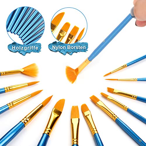 Koogel 16 Stücke Künstlerpinsel Set, 12 Premium Künstlerpinsel mit 2 Mischpalette 1 Palettenmesser 1 Kunstschwamm Pinsel Set für Anfänger Kinder Künstler Gemälde Liebhaber