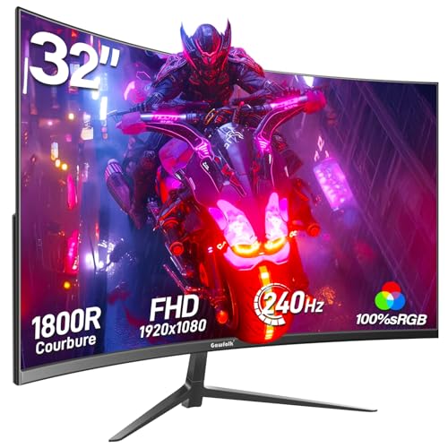 Gawfolk Gaming Monitor 32 Zoll 240Hz, Curved PC Bildschirm Full HD 1080P, Rahmenloses 1800R Gebogenes Computerbildschirm mit FreeSync und Eye Care Tec