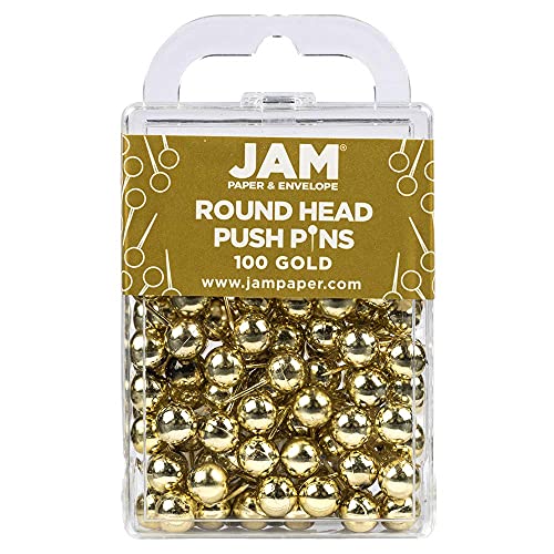 JAM PAPER Colourful Round Head Push Pins - Gold Pushpins - 100/Pack