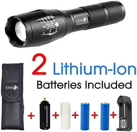 Ethnos T6 Brightest Water Resistant LED Tactical Flashlight Bundle: Zoomable Focus, Camping Torch and Emergency Night Light 2 Rechargeable Lithium Ion Batteries Rapid Charger and a Holster