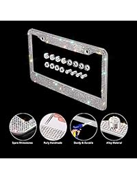 Marco para matrícula de coche SAVORI, lujoso y hecho a mano con cristales de imitación blanca, marco para matrícula de coche con 4 tapones antirrobo, Blanco