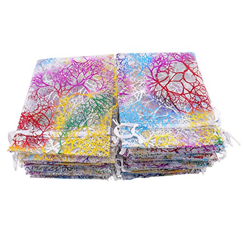 Luxbon 100Pcs Coralline Clear Organza Drawstring Bags Jewelry Pouches Wedding Party Candy Chocolate Christmas Favor Gift Bags Beading Storage Bags 3.35" X 4.7"
