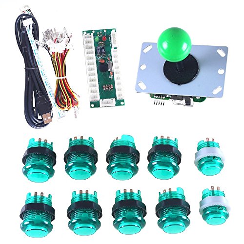 Wintex Zero Delay LED Arcade Game DIY Parts Kit + 1 X Green 5pin 8 Way Joystick + 10 X Ring-fixing Green LED Illuminated Push Button for Mama Jamma & Arcade Fighting Games