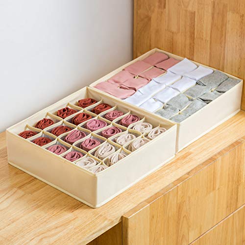 Qozary Closet Socks Organizer Drawer Divider, 24 Cell Collapsible Closet Cabinet Organizer Underwear Storage Boxes for Storing Socks, Lingerie, Underwear (Beige, 24 X 2) - Thumbnail 3