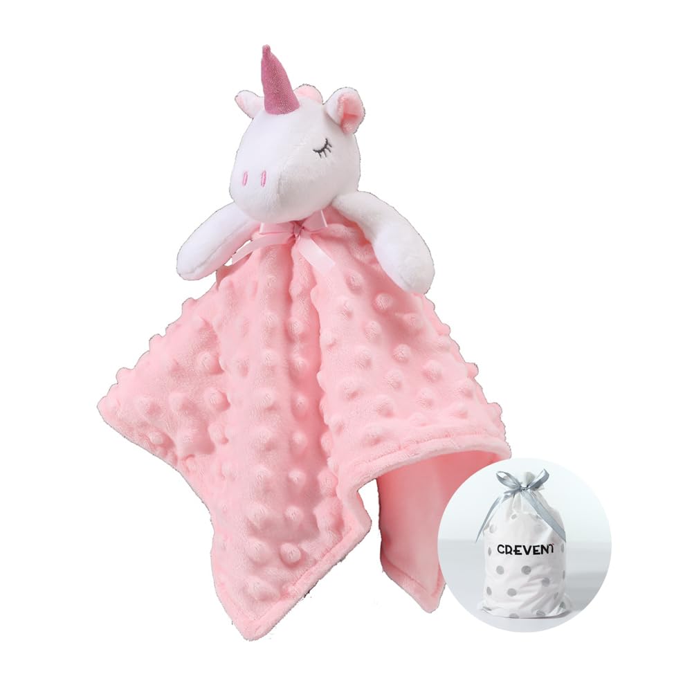 Photo 1 of CREVENT Cozy Plush Baby Security Blanket Loveys for Baby Girls, Minky Dot Front + Sherpa Backing with Animal Face (Pink Unicorn)