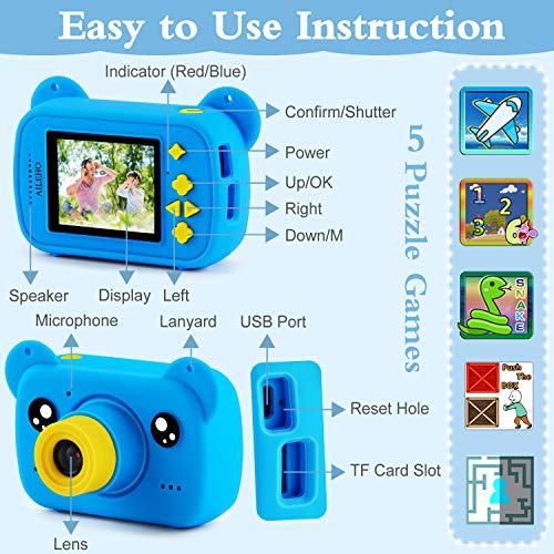 AILEHO Kids Camera for Boy Blue Bear Cartoon Birthday Children Toy Toddler Camera 3-10 Year Old Starter Kids Digital Camera 8M 1080P with 8G Card Kids Game Camera IPS 2.0\