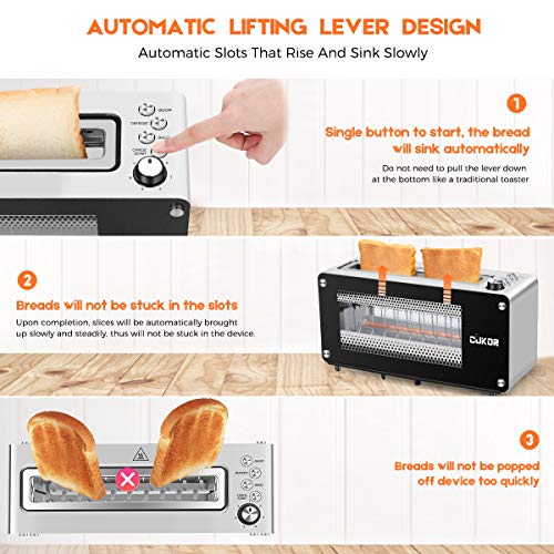 2Slice Long Slot Toaster with Window, CUKOR Bagel Toaster with Warm