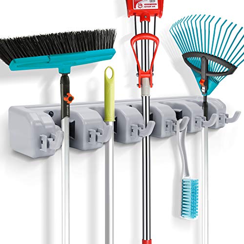 2 Pack Broom and Mop Holder Wall Mounted, Broom Organizer with Hooks