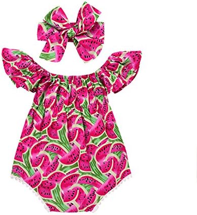 SCFEL Newborn Toddler Baby Girl U Neck Watermelon Fruit Print Ruff Bodysuit Outfits + Headband 2pcs Clothing Sets