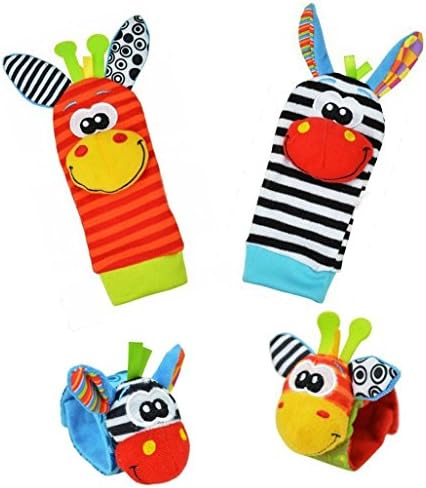 SmileWoman 4 Packs Adorable Animal Infant Baby Wrist Rattle &amp; Foot Finder Socks Developmental Toys Set
