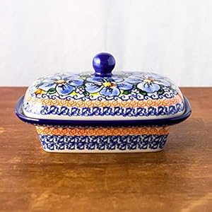 Polish Pottery, Handpainted and Handcrafted Butter Dish with Lid ― Blue Flowers Artistic Pattern (A506)