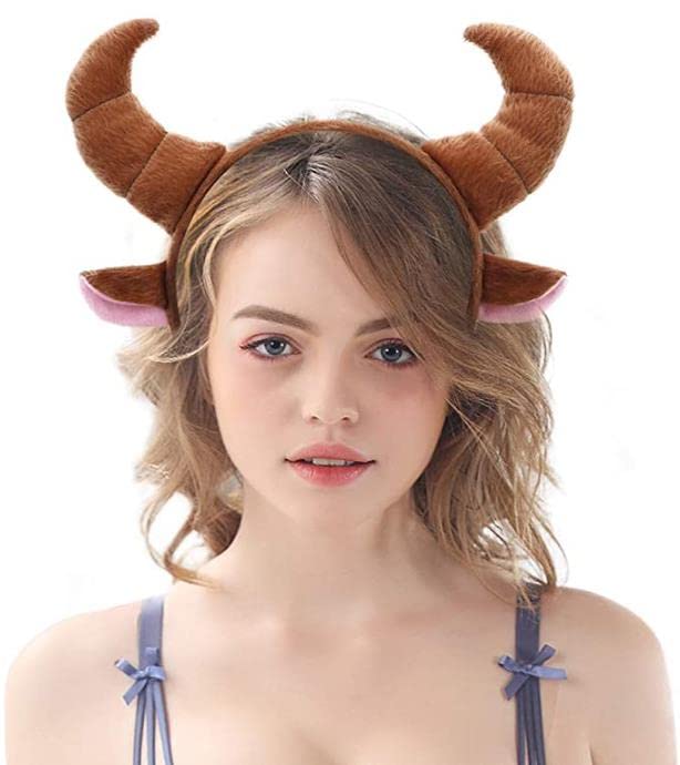 YWINETO Bull Horns Headband Halloween Goat Costume Cow Headband with Ears Christmas Party Cosplay Plush Cute Bull Horns Headband Easter Halloween Prop Devil Festival Theme Animal Headband
