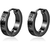 Lantine Viking Rune Hoop Earrings for Men Stainless Steel Black Huggie Hinged Hoop Norse Earrings Minimalist