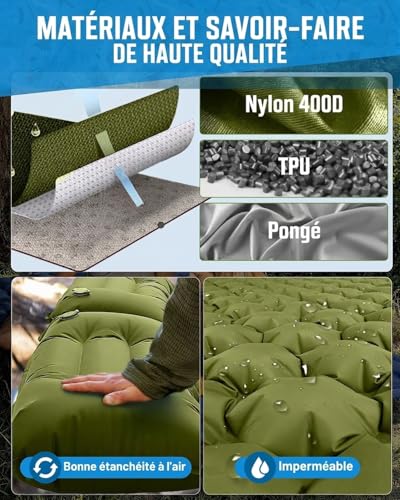 Hingue Matelas Gonflable 2 Personnes Camping, Matelas Camping 2 Personnes Autogonflant avec Pompe à Pied et Oreillers Intégrés, Matelas Trekking Imperméable Compact pour Tente,Randonnée- Vert Armée