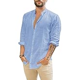 Makkrom Men Linen Shirt Button Down Long Sleeve Cotton Beach Band Collar Casual Summer Shirts
