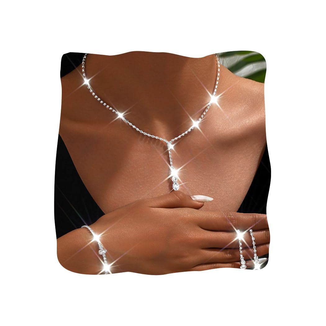 Ushiny Rhinestone Bride Necklace and Earrings Set Silver Bridal Wedding Jewelry Sets for Women