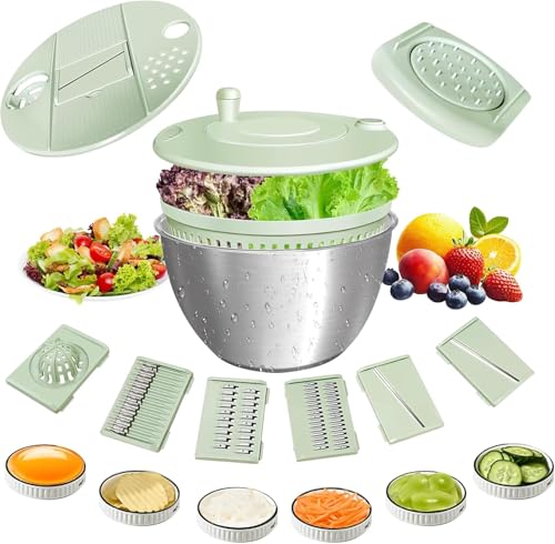 Souvik Stainless Steel Salad Centrifuge, 5L Lettuce Centrifuge with Drain, Vegetable Fruit Washing Machine Manual Dryer with Lid for Vegetables, Lettuce, Fruit
