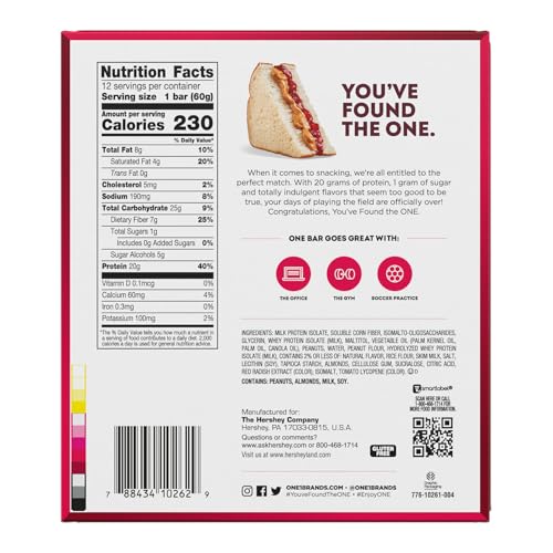 ONE PROTEIN BARS, PEANUT BUTTER & JELLY, GLUTEN FREE WITH 20G PROTEIN AND 1G SUGAR, PANTRY STAPLES, 2.12 OZ (12 COUNT)