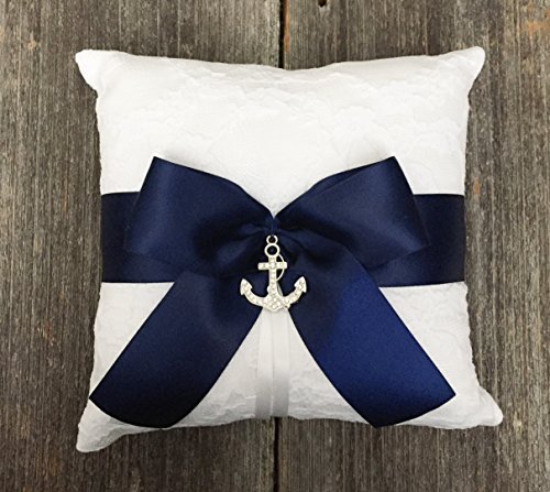Nautical White Lace Navy Satin Bow Rhinestone Anchor Wedding Bridal Ring Bearer Pillow