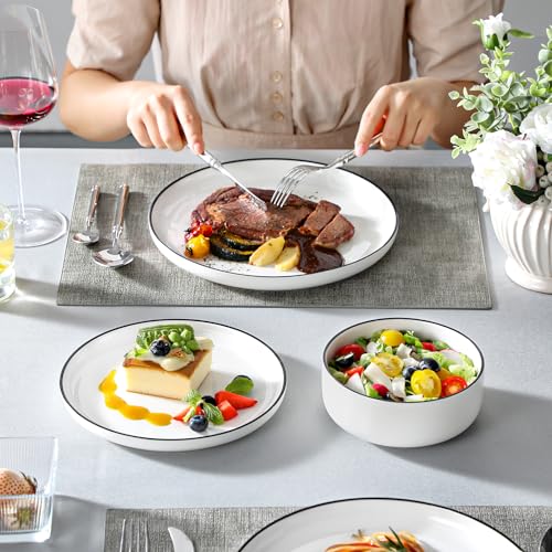 MALACASA LUNA Crockery Set for 6 People, 18-Piece White Porcelain Dinner Service with Black Rim, Modern Dinner Set with 6 Dinner Plates, Dessert Plates and Cereal Bowls