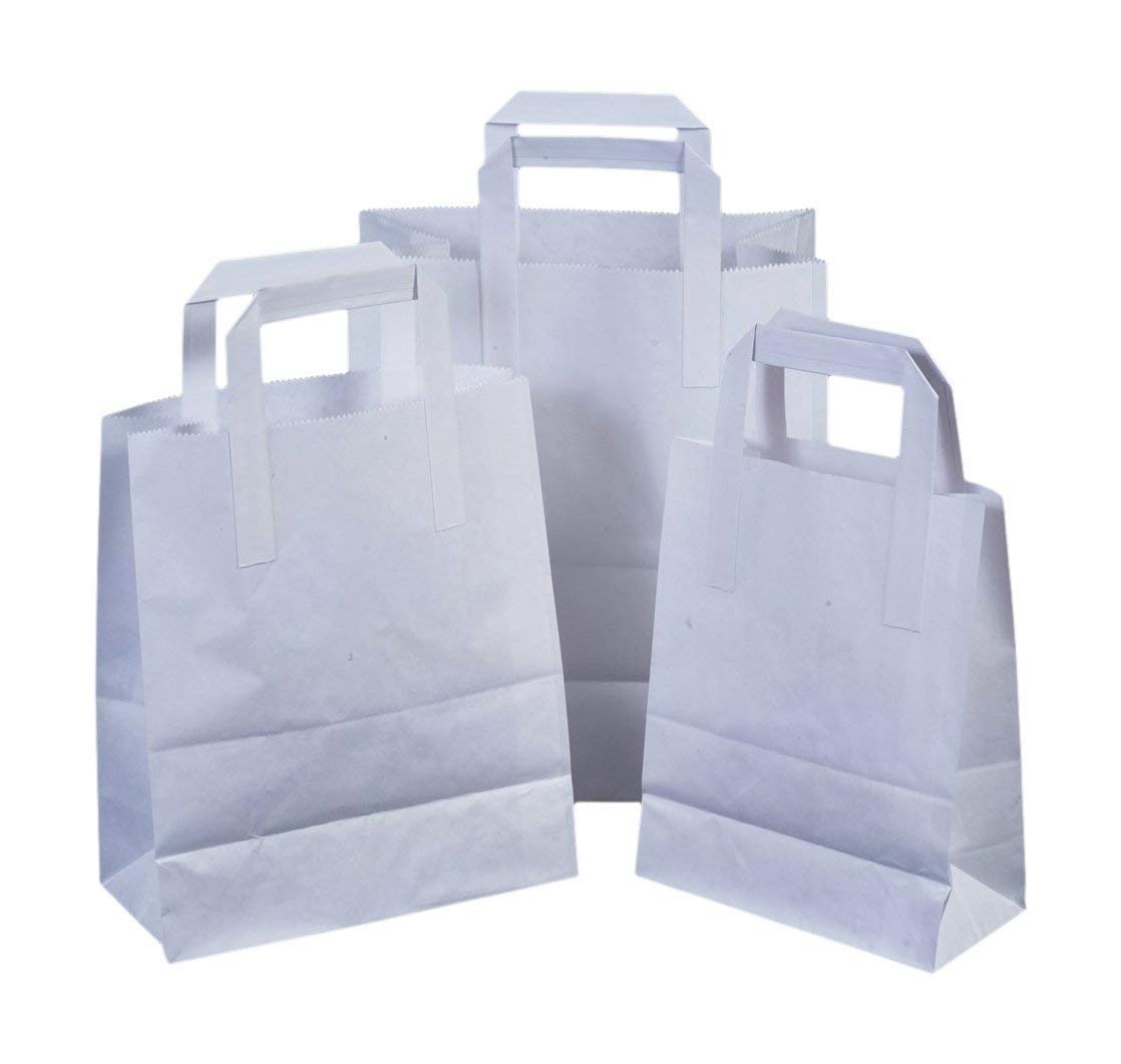 3x The Paper Bag Company 18 x 23 x 9 cm Paper Carrier Bags with Flat Handles, Pack of 15, White