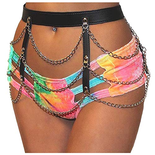 L'vow Women' Sexy Faux Leather Body Harness Garter Belt Metal Chain Waist Leg Cage (Black Five)