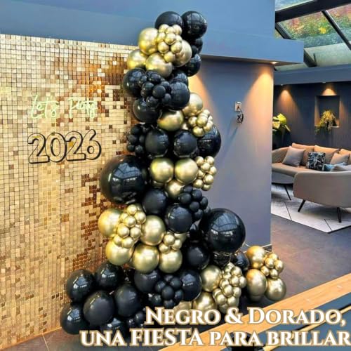Globos Negros y Dorados Metálicos con Confeti para Graduación 2026, Kit de Guirnalda Arco de Globos Decoración Fiesta de Graduación, Adornos Decoración Graduación 133 Pzs