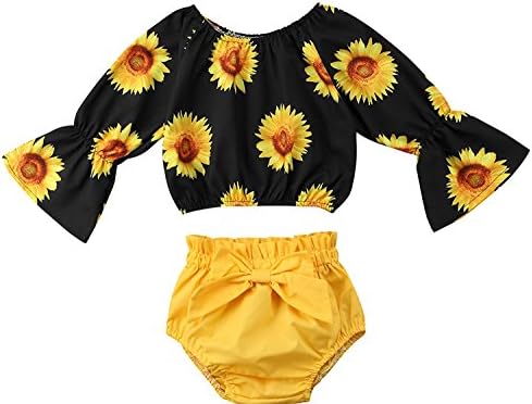 BELS 2PCS Toddler Baby Girls Sunflower Top Romper Jumpsuit + Yellow Shorts with Bowknot Outfit
