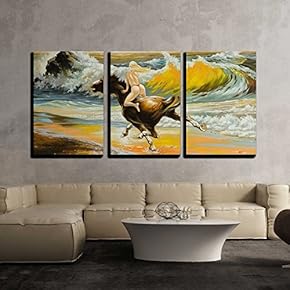 3 Piece Canvas Wall Art - The Girl Skipping on a Horse on Seacoast - Modern Home Art Stretched and Framed Ready to Hang - 16"x24"x3 Panels
