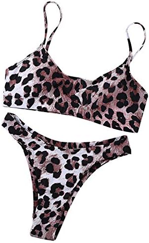 Women's Sexy Leopard Print Two-Piece Triangle Cheeky Bottom Push Up Bikini Set Micro Thong
