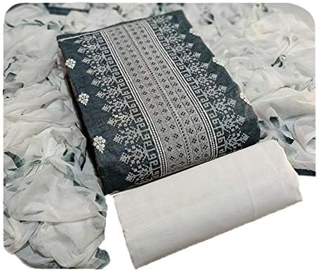 Roops Women's Denim Cotton Embroidered Unstitched Dress Material with Printed Dupatta (Grey, Free Size)