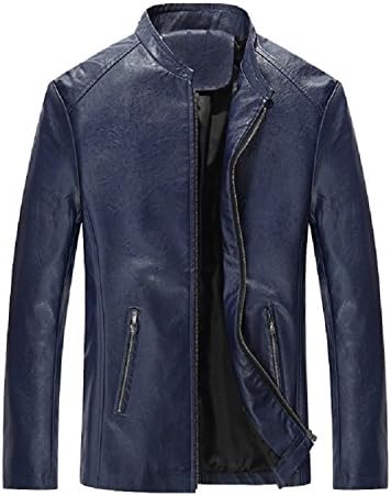 LOVECC Men's Vintage Stand Collar Leather Jacket Navy M
