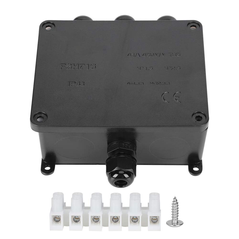 FSH716 IP68 Waterproof Junction Box, PC Black Electronic Enclosure, External Cable Connector Case, 450V Rated, with Terminal and Screws