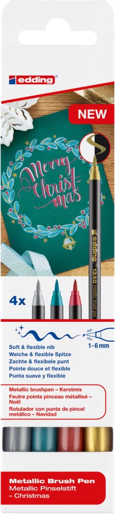 edding 1340 Metallic Brush Pen - Christmas Set - 4 Pens - Flexible Brush Nib 1-6 mm - Metallic Marker for Labelling, Drawing and Sketching - High Coverage Even on Dark Paper