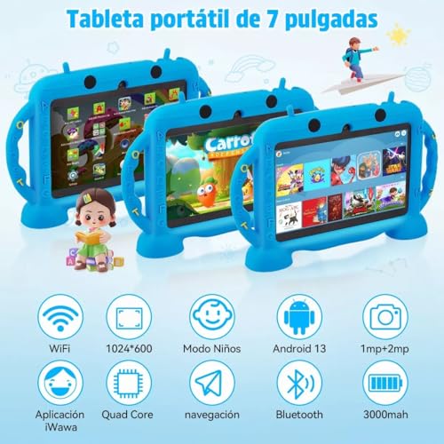 CNHVEIF Tableta para Niños, Tablet Infantil de 7 Pulgadas | Tablet para Niños Pequeños, IWAWA preinstalada, con WIFI Bluetooth, Larga Duración Tablet Regalos para Niños(azul)