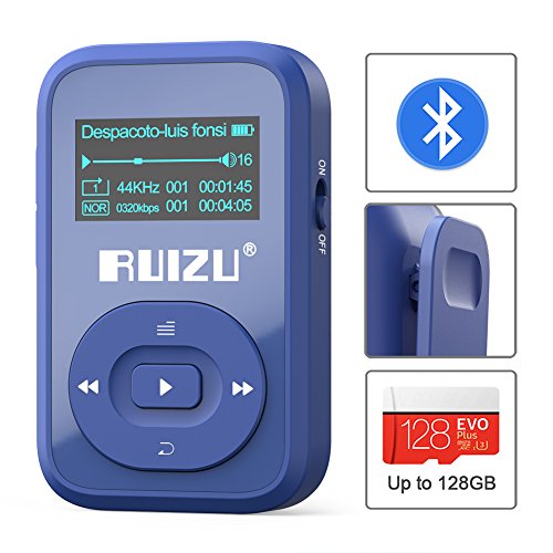 RUIZU Bluetooth 4.0 Mp3 Player 8GB, Clip Sport MP3 Player with FM Radio,1.1inch OLED Screen, Mini Mp3 Player for Running Support Up to 128GB (Blue)