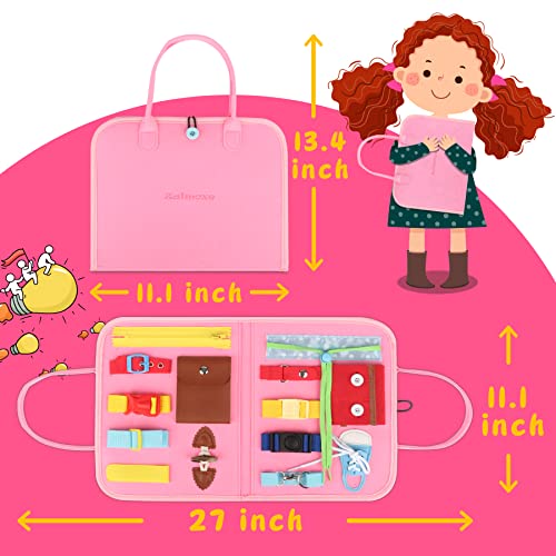 Zalmoxe Busy Board for Toddlers 1-4 Year Old - Sensory Toys with Buckles, Learning Dress Skills, Toddler Activities Travel Toys for Boys Girls (Pink)