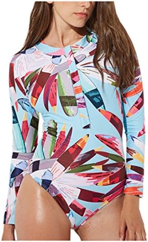 dilinte Long Sleeve One Piece Swimsuit Floral Print Zipper Sun Protection Swimsuit Rash Guard Bathing Suit