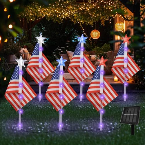 X-GiftKey 4th of July Decorations Outdoor American Flag Lights, 6-Pack Red White and Blue Solar Stars Lights with 6 USA Flags & 30LED,Bright Patriotic Pathway Lights for Memorial Day Yard Lawn Decor