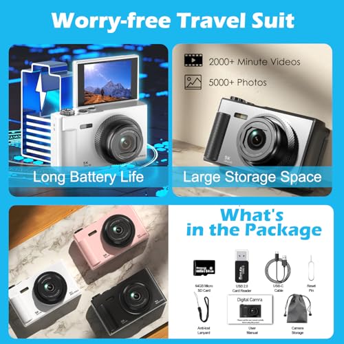Digital Camera, 5K 75MP UHD Digital Camera with 64GB Micro SD Card, 2.83-inch 180° Rotatable Screen, 18X Zoom, Anti-Shake, Compact Camera for Kids, Adults, Beginners (Black)
