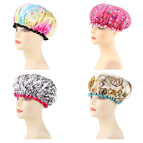Women Waterproof Shower Cap Bath Cap for Hair Gutsdoor 4 PACK Double Layer Shower Hat Designed for all Hair Lengths and Thicknesse.