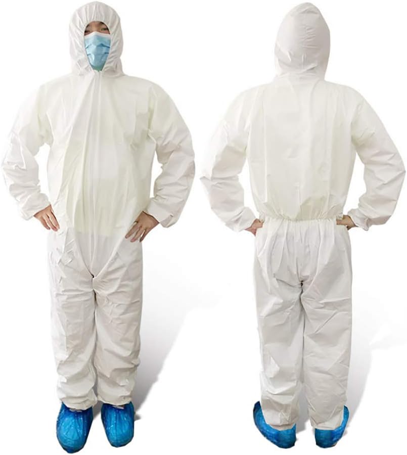 Disposable Protective Isolation Gown, Hood & Elastic Cuffs, White One-Piece Isolation Gowns, Good for Cleaning, Painting, Outdoor (XXL)