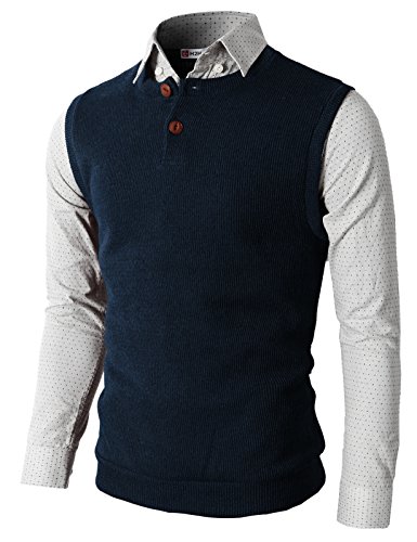 H2H Mens Knitted Sweater Two Buttons Henley Vest NAVY US L/Asia XL (KMOV071)