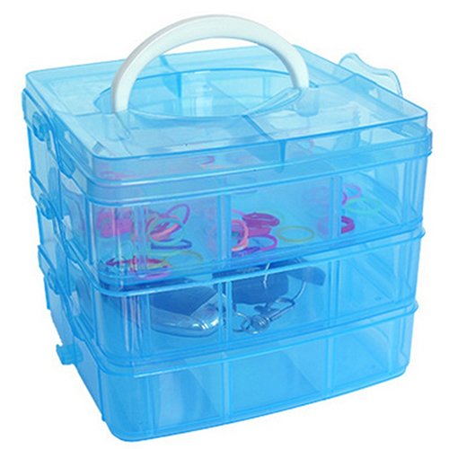 Yamalans 3 Layers Detachable Portable Clear Plastic Box,Craft Beads Jewelry Earring Sewing Accessories Storage Organizer Container Case with Handle Blue 15cm x 15cm x 12.5cm - Thumbnail 3