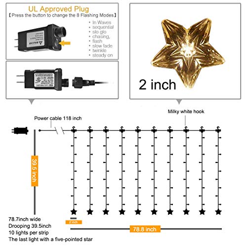 TOFU Star Curtain Light, 100 LED 10 Big Stars Window Curtain String Light with 8 Flashing Modes IP65 Waterproof for Christmas, Wedding, Party, Canopy, Outdoor, Indoor, Lawn, 6ft x 4ft(LxW), Warm White