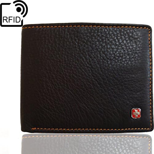 Swiss Travel club Mens Leather RFID Blocking Flipout ID Wallet Bifold Trifold Hybrid (DARK BROWN)