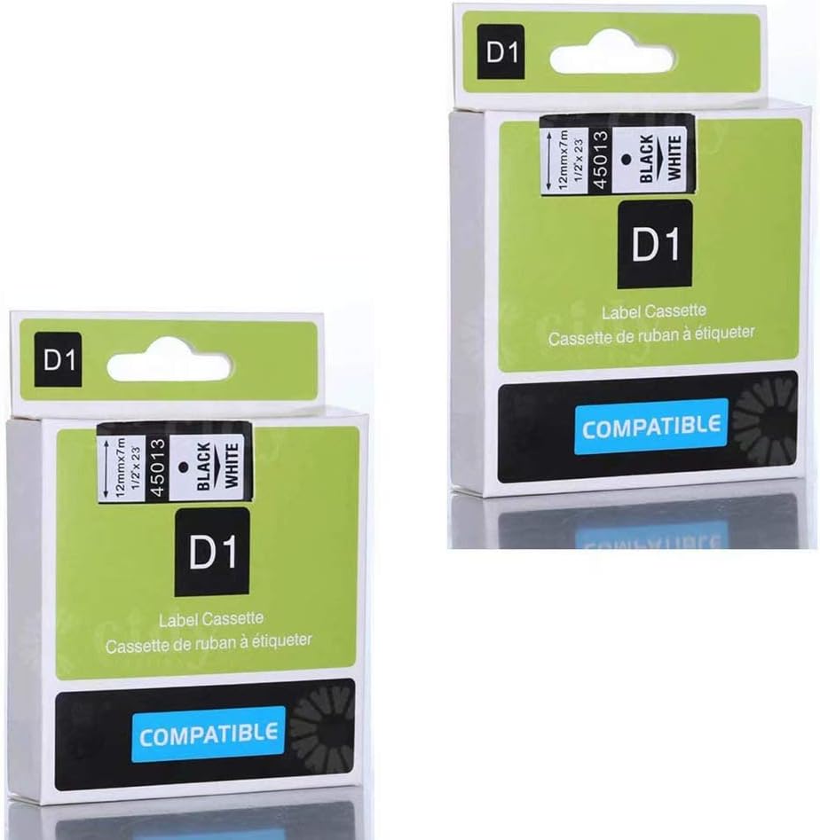 2 PK Generic Replacemen Label Tape Compatible for DYMO D1 45013 1/2-inch 23-foot Cartridge (Black on White)