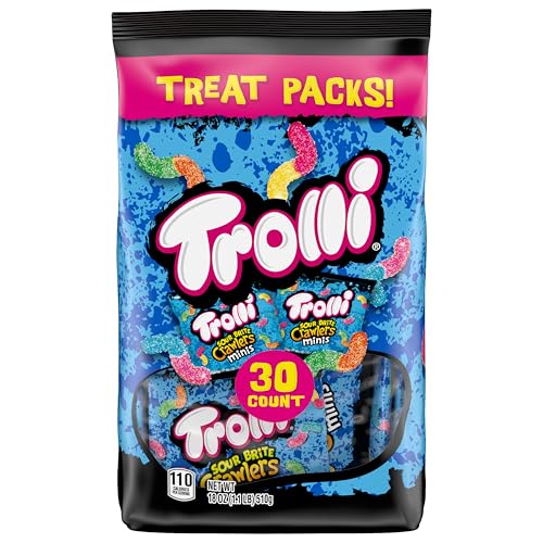 TROLLI MINI SOUR BRITE CRAWLERS CANDY, CHERRY-LEMON, STRAWBERRY-GRAPE & ORANGE-LIME, SWEET AND SOUR, GUMMY WORMS, 18 OZ (30 CT)